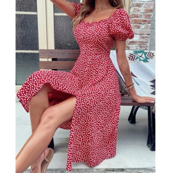 Boho polka dots puff sleeve slit thigh dress - Picture 14 of 16